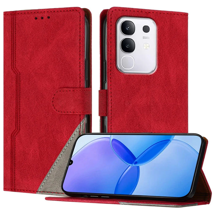 For vivo Y29 4G Leather Case Triangle Patchwork Wallet Stand Shockproof Phone Cover - Red - 1