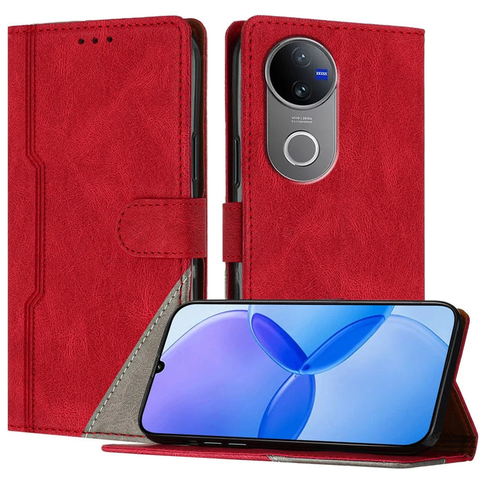 For vivo V50 5G Leather Case Triangle Patchwork Wallet Stand Shockproof Phone Cover - Red - 1