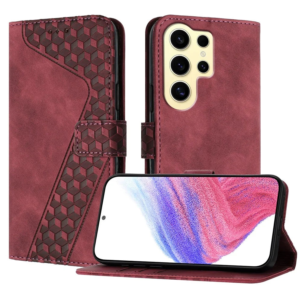 For Samsung Galaxy S24 Ultra Leather Case 7-Shaped Pattern Wallet Stand Shockproof Phone Cover - Brown - 1