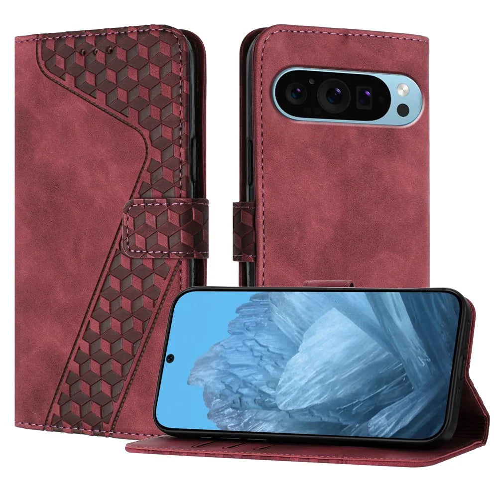 For Google Pixel 9 Leather Case 7-Shaped Pattern Wallet Stand Shockproof Phone Cover - Brown - 1