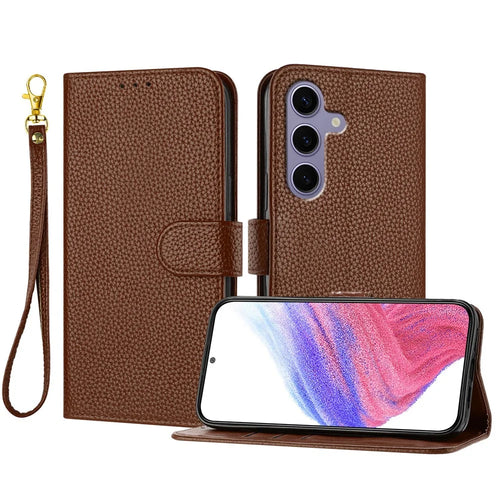 For Samsung Galaxy S24 FE Leather Case Litchi Texture Wallet Stand Anti Drop Phone Cover with Wrist Strap - Brown - 1