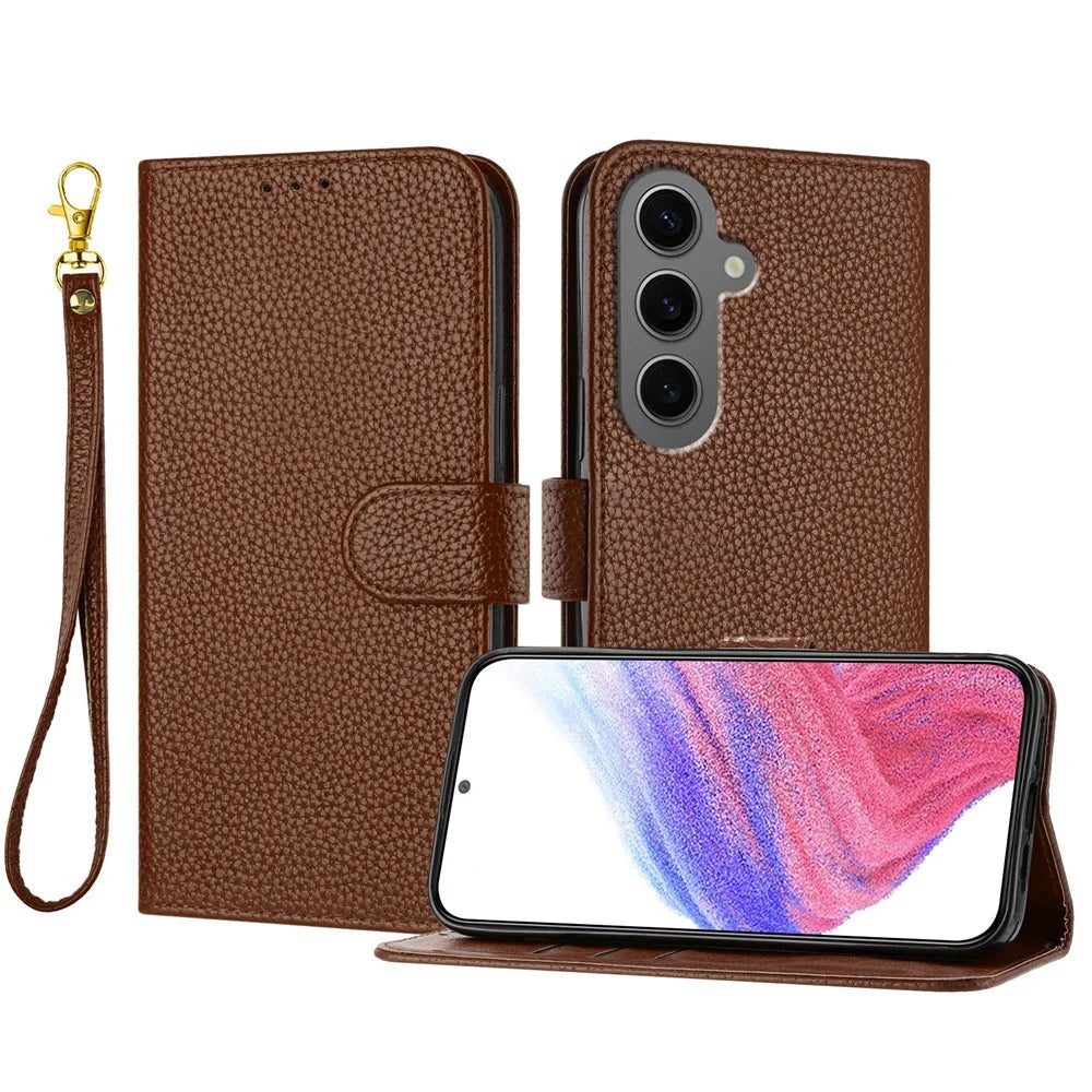 For Samsung Galaxy S24+ Leather Case Litchi Texture Wallet Stand Anti Drop Phone Cover with Wrist Strap - Brown - 1