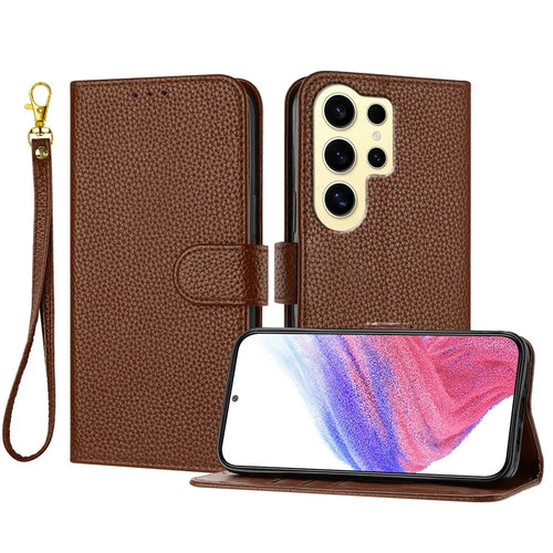 For Samsung Galaxy S24 Ultra Leather Case Litchi Texture Wallet Stand Anti Drop Phone Cover with Wrist Strap - Brown - 1