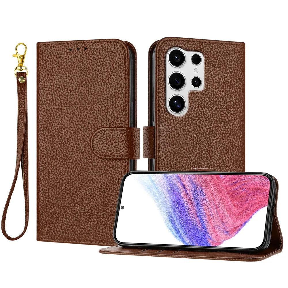 For Samsung Galaxy S25 Ultra Leather Case Litchi Texture Wallet Stand Anti Drop Phone Cover with Wrist Strap - Brown - 1