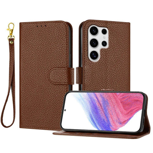 For Samsung Galaxy S25 Ultra Leather Case Litchi Texture Wallet Stand Anti Drop Phone Cover with Wrist Strap - Brown - 1