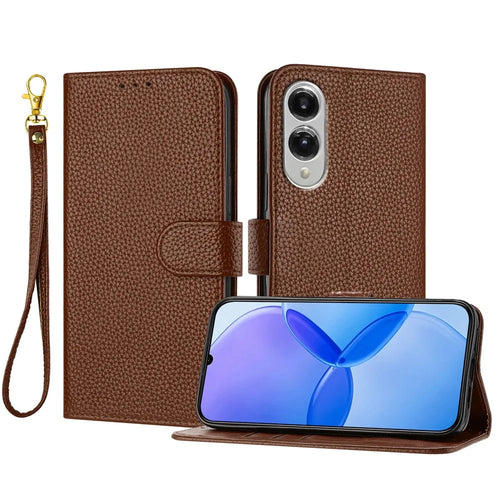 For Samsung Galaxy S25 Edge Leather Case Litchi Texture Wallet Stand Anti Drop Phone Cover with Wrist Strap - Brown - 1