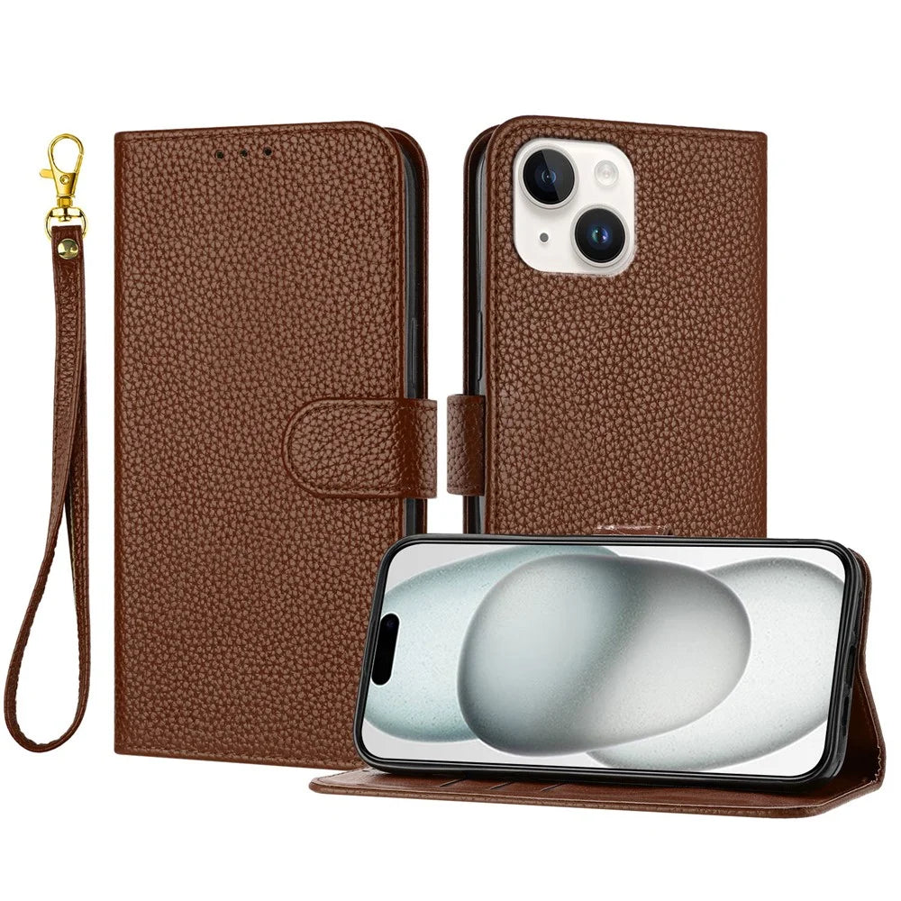 For iPhone 15 Leather Case Litchi Texture Wallet Stand Anti Drop Phone Cover with Wrist Strap - Brown - 1