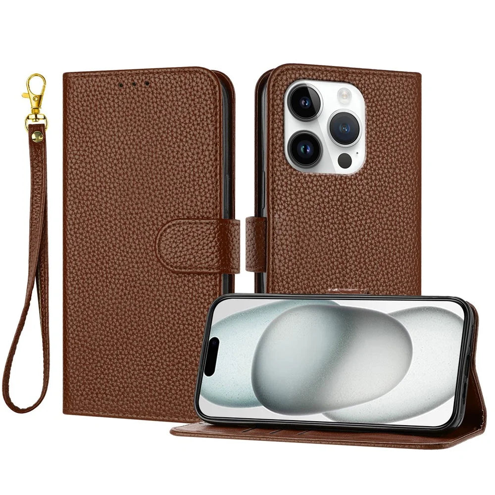 For iPhone 15 Pro Leather Case Litchi Texture Wallet Stand Anti Drop Phone Cover with Wrist Strap - Brown - 1