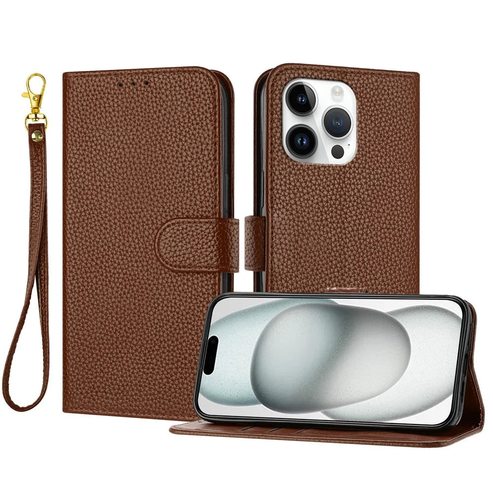 For iPhone 15 Pro Max Leather Case Litchi Texture Wallet Stand Anti Drop Phone Cover with Wrist Strap - Brown - 1