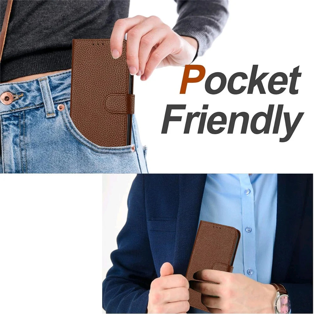 For iPhone 16 Pro Max Leather Case Litchi Texture Wallet Stand Anti Drop Phone Cover with Wrist Strap - Brown - 2