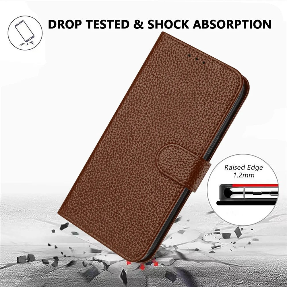 For iPhone 16 Pro Max Leather Case Litchi Texture Wallet Stand Anti Drop Phone Cover with Wrist Strap - Brown - 6