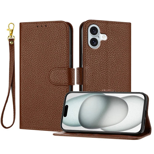For iPhone 16 Plus Leather Case Litchi Texture Wallet Stand Anti Drop Phone Cover with Wrist Strap - Brown - 1