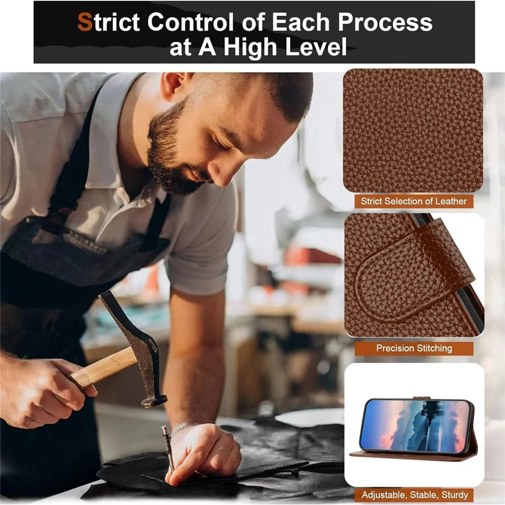 For iPhone 16 Plus Leather Case Litchi Texture Wallet Stand Anti Drop Phone Cover with Wrist Strap - Brown - 3