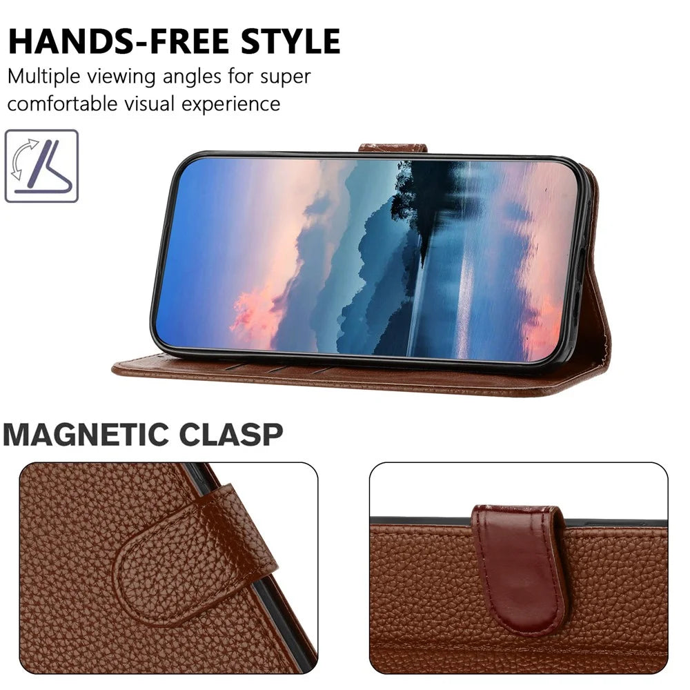 For iPhone 16 Plus Leather Case Litchi Texture Wallet Stand Anti Drop Phone Cover with Wrist Strap - Brown - 5
