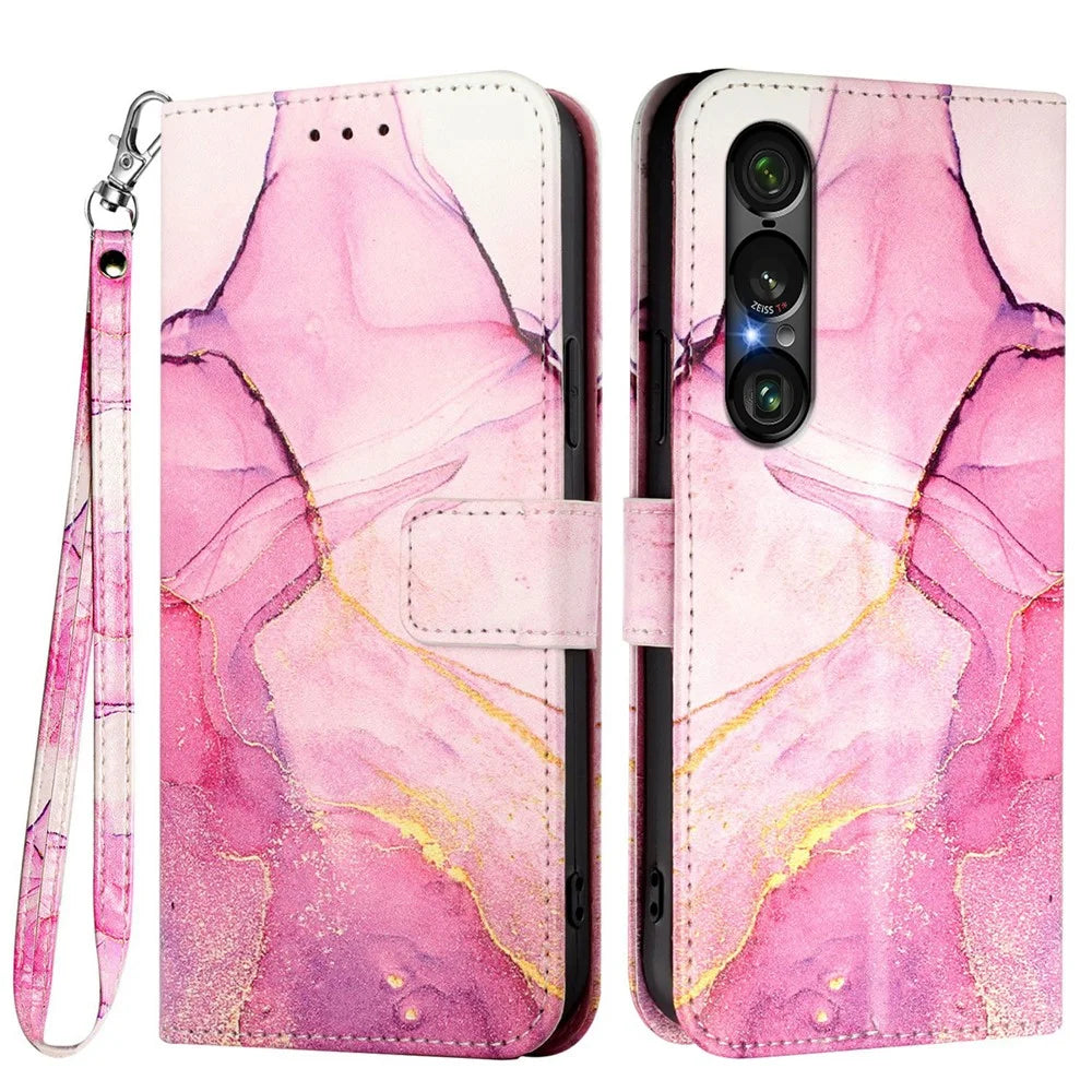 For Sony Xperia 1 VII Case with Strap Marble Pattern Leather Phone Cover Card Holder - Pink / Purple / Gold LS001 - 1