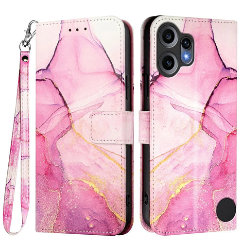 For Nothing CMF Phone 2 Pro Case with Strap Marble Pattern Leather Phone Cover Card Holder - Pink / Purple / Gold LS001 - 1