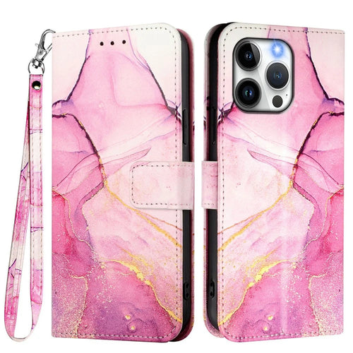 For iPhone 15 Pro Max Case with Strap Marble Pattern Leather Phone Cover Card Holder - Pink / Purple / Gold LS001 - 1