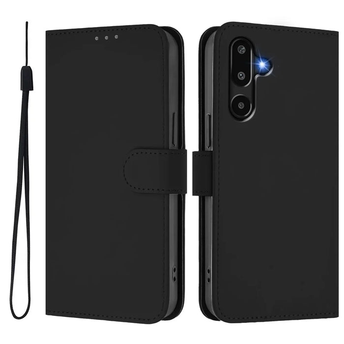 For Samsung Galaxy M16 5G / Galaxy F16 5G Case Solid Color Wallet Leather Phone Cover with Strap - Black - 1
