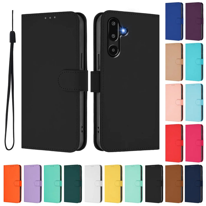 For Samsung Galaxy M16 5G / Galaxy F16 5G Case Solid Color Wallet Leather Phone Cover with Strap - Black - 3