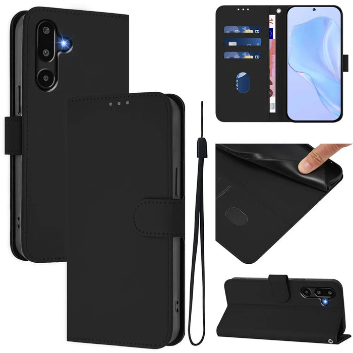 For Samsung Galaxy M16 5G / Galaxy F16 5G Case Solid Color Wallet Leather Phone Cover with Strap - Black - 4