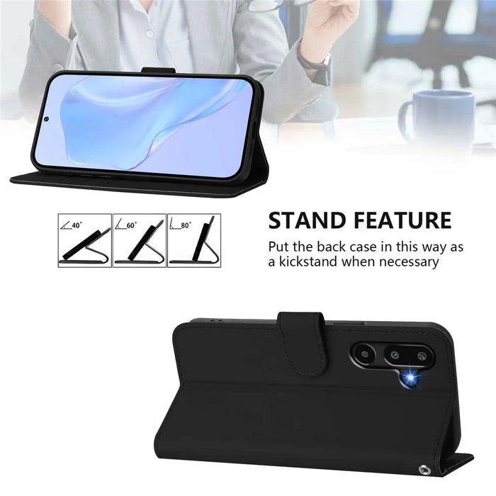 For Samsung Galaxy M16 5G / Galaxy F16 5G Case Solid Color Wallet Leather Phone Cover with Strap - Black - 5