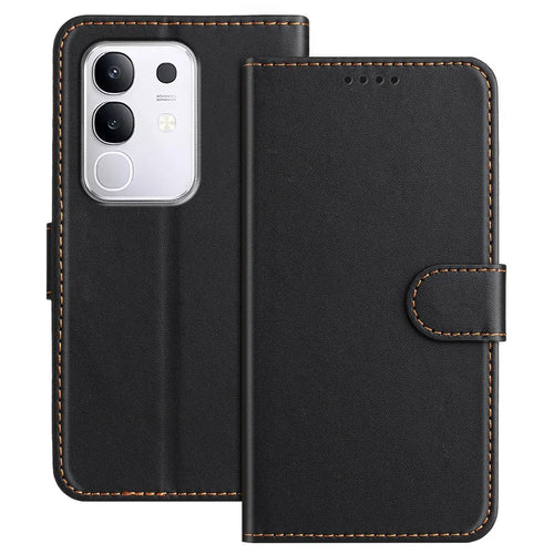 For vivo Y29 4G Leather Case Wallet Stand Solid Color Anti Drop Phone Cover - Black - 1