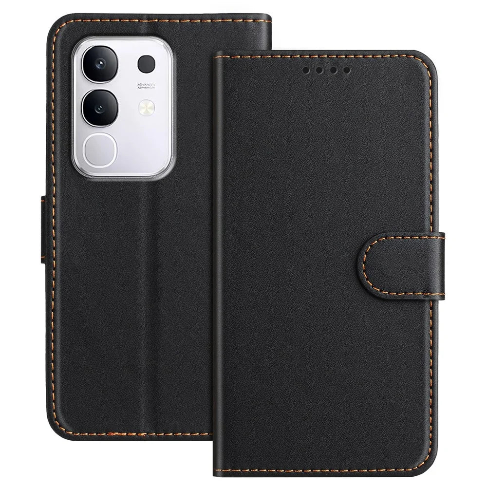For vivo Y29 4G Leather Case Wallet Stand Solid Color Anti Drop Phone Cover - Black - 1