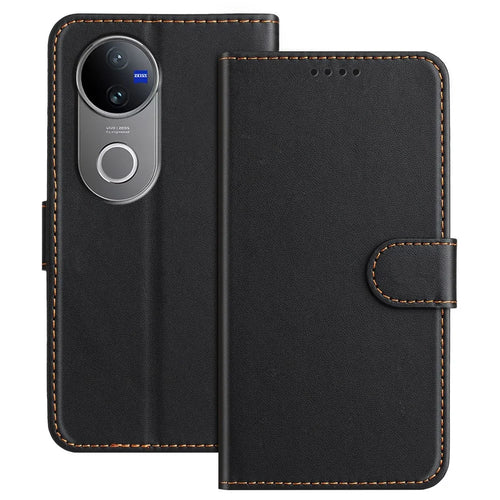 For vivo V50 5G Leather Case Wallet Stand Solid Color Anti Drop Phone Cover - Black - 1