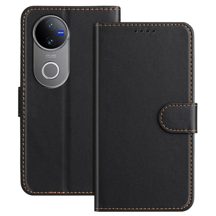 For vivo V50 5G Leather Case Wallet Stand Solid Color Anti Drop Phone Cover - Black - 1