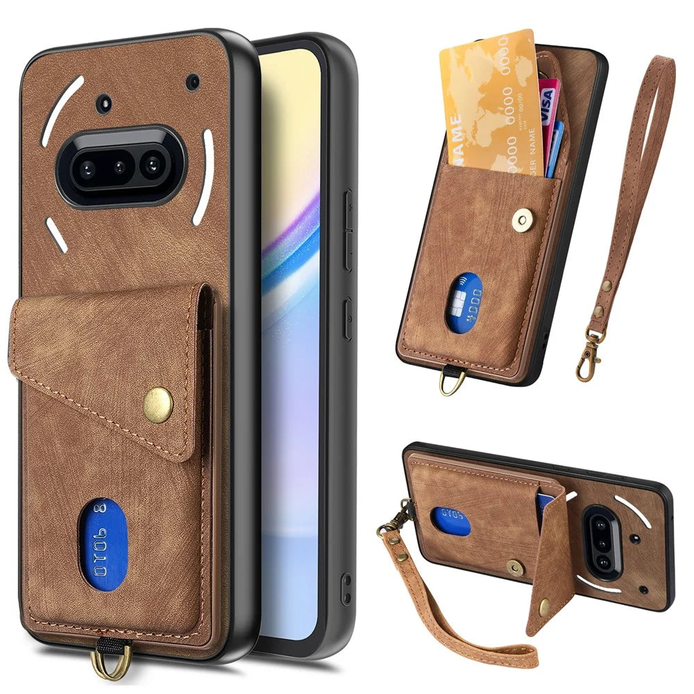 For Nothing Phone (3a) Case with Card Holder Kickstand Leather Phone Back Cover - Brown - 1