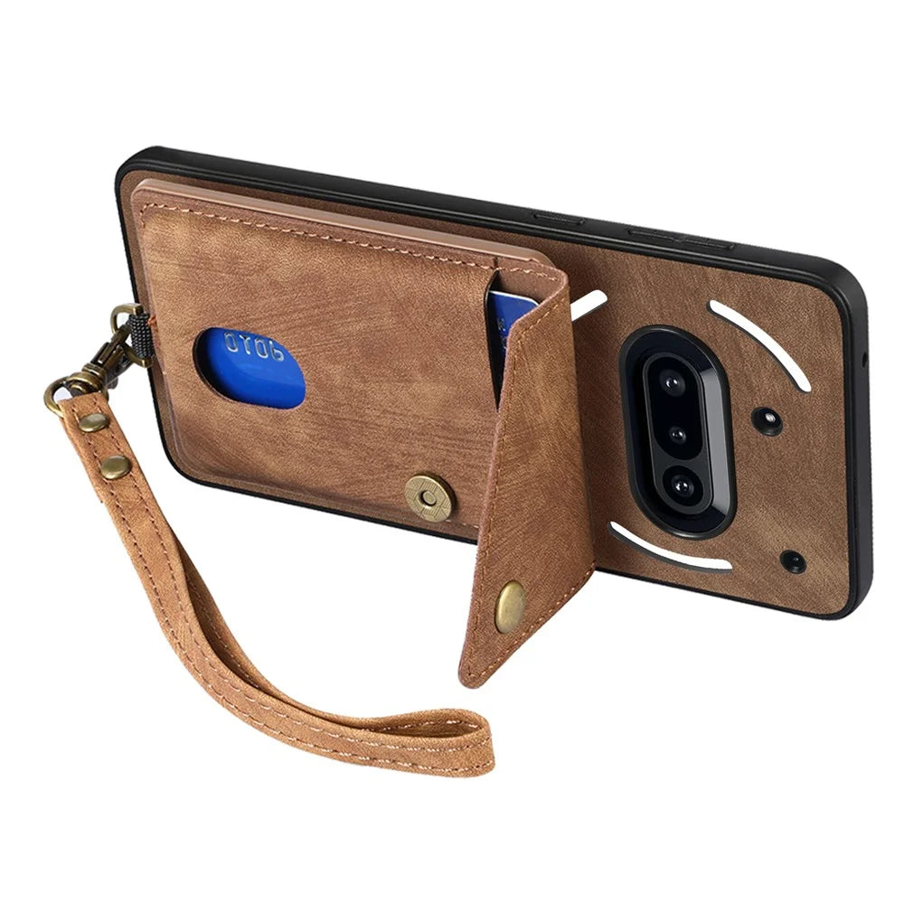 For Nothing Phone (3a) Case with Card Holder Kickstand Leather Phone Back Cover - Brown - 5