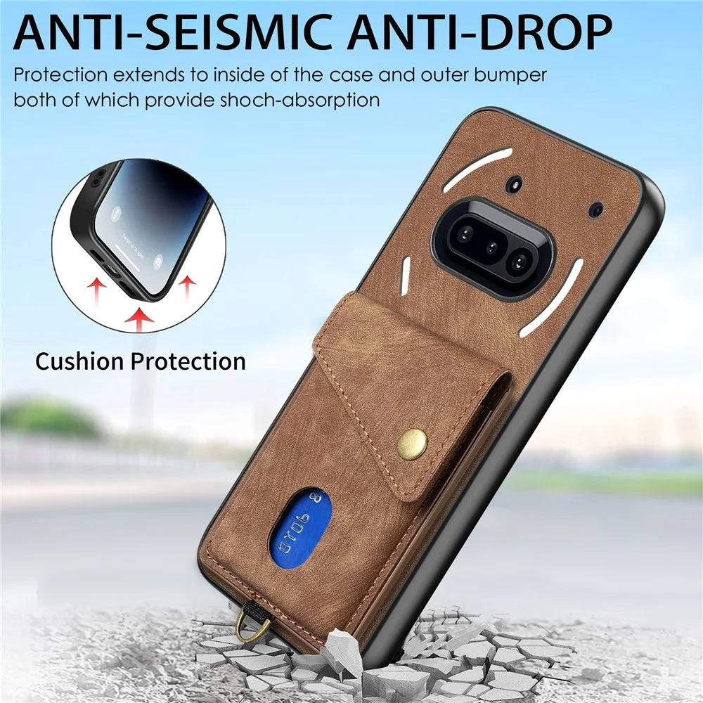 For Nothing Phone (3a) Case with Card Holder Kickstand Leather Phone Back Cover - Brown - 7