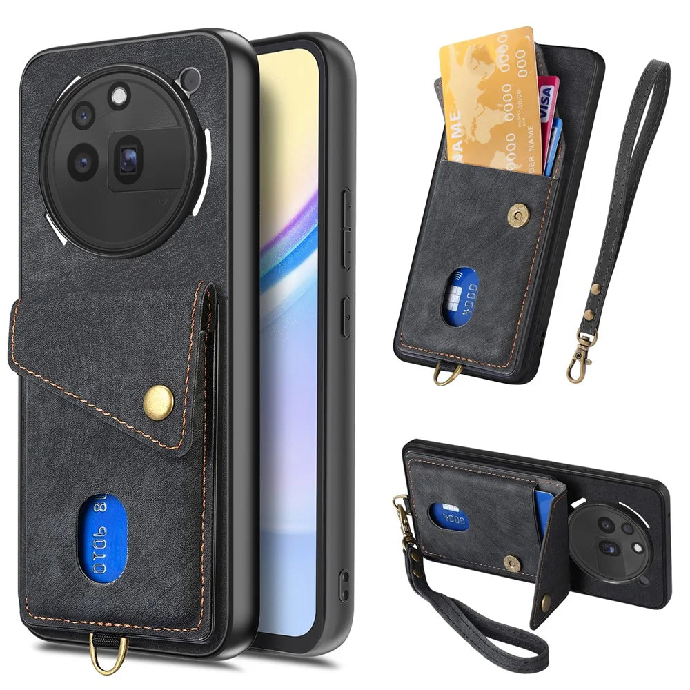 For Nothing Phone (3a) Pro Case with Card Holder Kickstand Leather Phone Back Cover - Black - 1