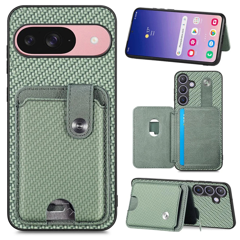 For Google Pixel 9 Pro / Google Pixel 10 / Google Pixel 10 Pro / Google Pixel 9 Case Card Slots Kickstand Phone Back Cover with Card Tool - Green - 1
