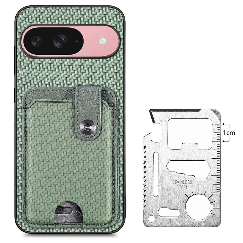 For Google Pixel 9 Pro / Google Pixel 10 / Google Pixel 10 Pro / Google Pixel 9 Case Card Slots Kickstand Phone Back Cover with Card Tool - Green - 3