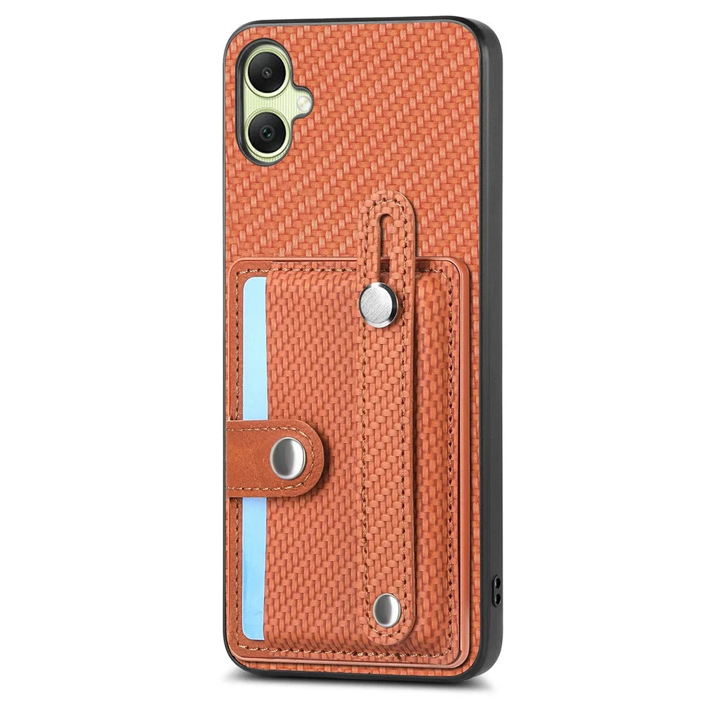 For Samsung Galaxy A05 4G Case Carbon Fiber Texture Leather Phone Back Cover with Card Holder - Brown - 1
