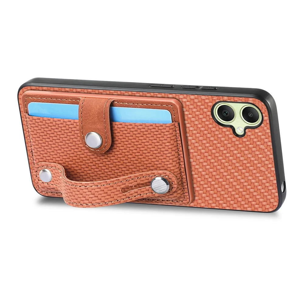 For Samsung Galaxy A05 4G Case Carbon Fiber Texture Leather Phone Back Cover with Card Holder - Brown - 2