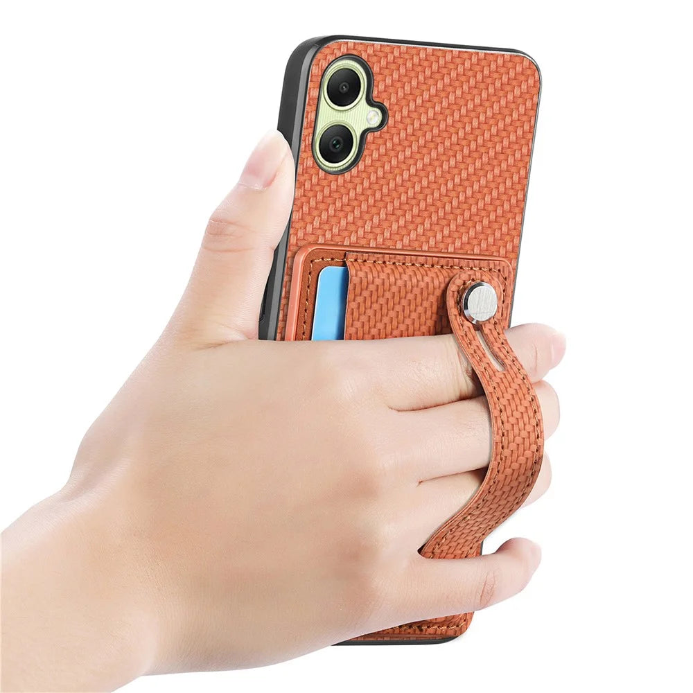 For Samsung Galaxy A05 4G Case Carbon Fiber Texture Leather Phone Back Cover with Card Holder - Brown - 3