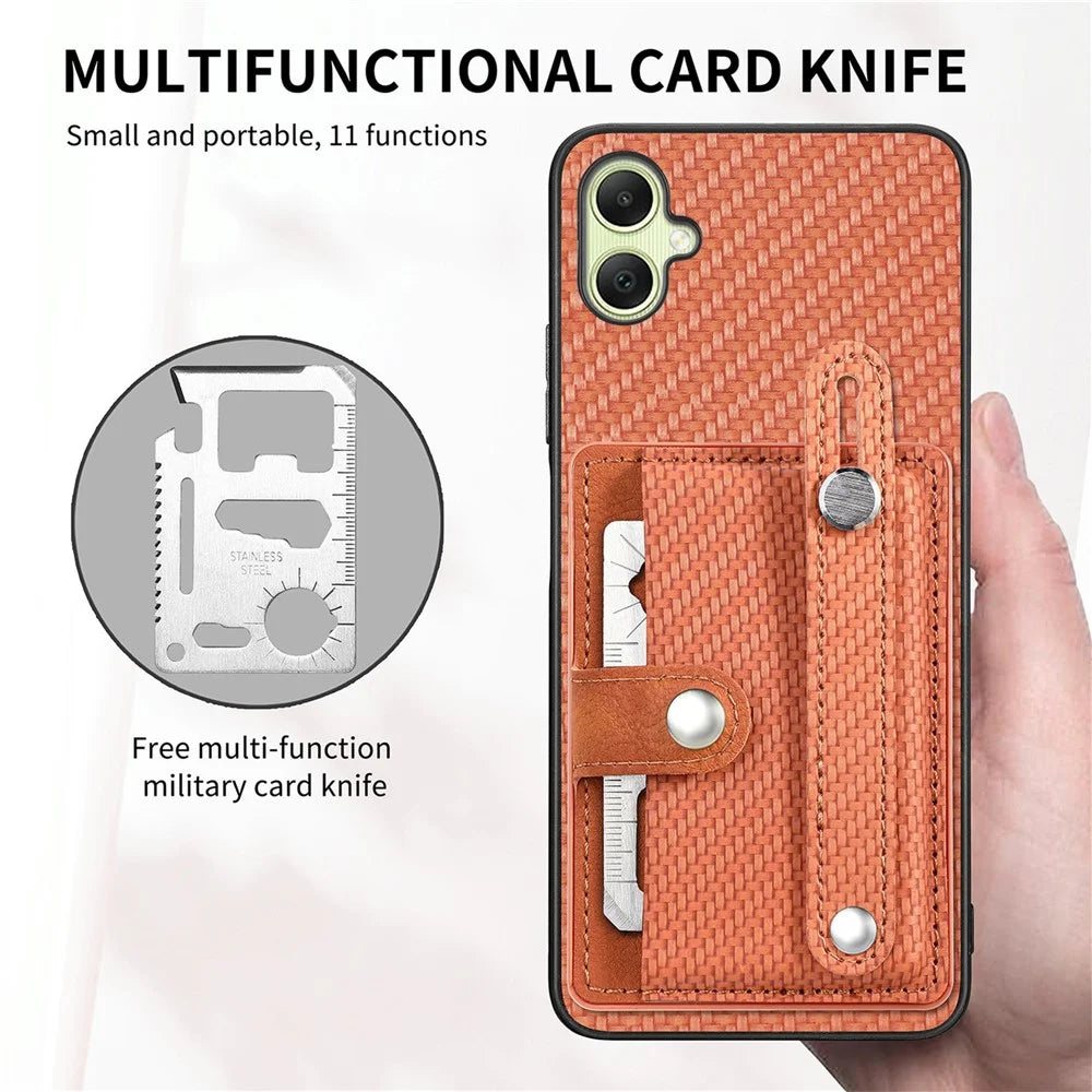 For Samsung Galaxy A05 4G Case Carbon Fiber Texture Leather Phone Back Cover with Card Holder - Brown - 4