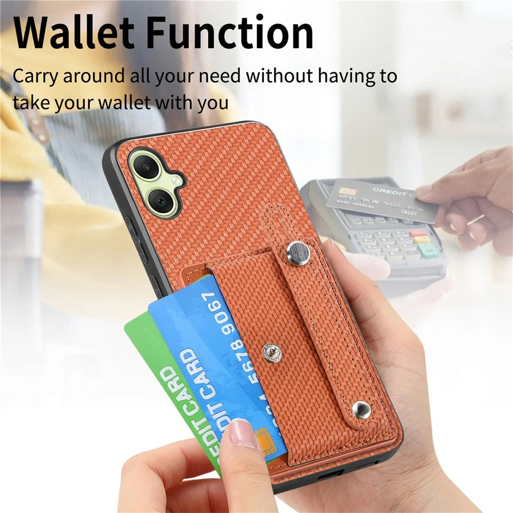 For Samsung Galaxy A05 4G Case Carbon Fiber Texture Leather Phone Back Cover with Card Holder - Brown - 5