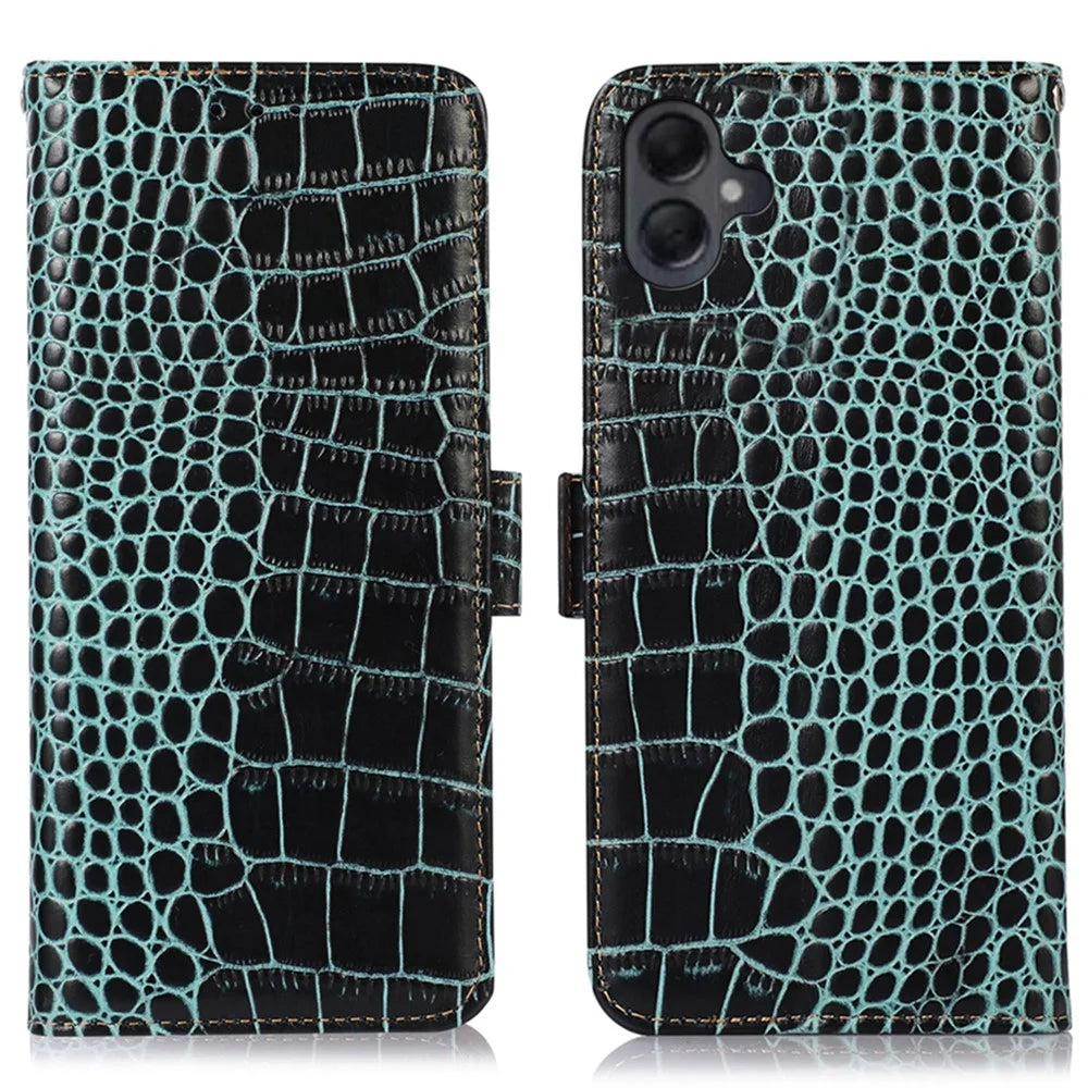 For Samsung Galaxy A08 5G / A08 4G / A07 4G / A06 4G / A06 5G Case Crocodile Texture Genuine Cow Leather Phone Wallet Cover - Green - 1