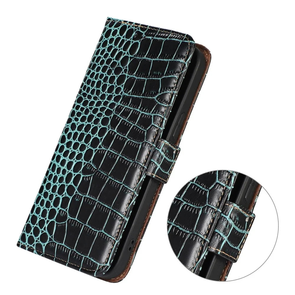 For Samsung Galaxy A08 5G / A08 4G / A07 4G / A06 4G / A06 5G Case Crocodile Texture Genuine Cow Leather Phone Wallet Cover - Green - 5