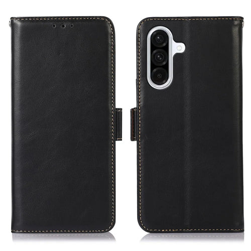 For Samsung Galaxy A18 5G / A18 4G / A17 5G / A17 4G / A26 5G / A16 5G / A16 4G Case RFID Blocking Genuine Cow Leather Wallet Phone Cover - Black - 1
