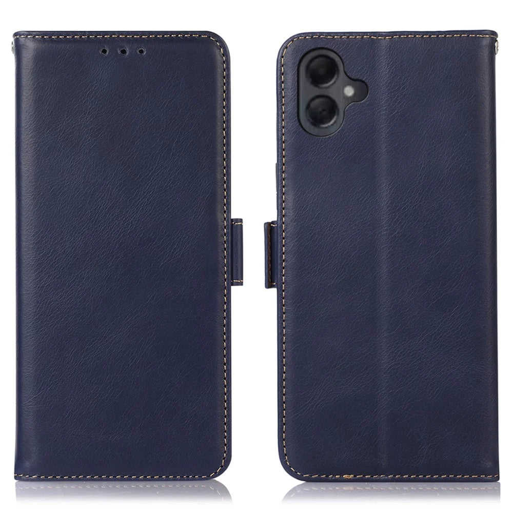 For Samsung Galaxy A08 5G / A08 4G / A07 4G / A06 4G / A06 5G Case RFID Blocking Genuine Cow Leather Wallet Phone Cover - Blue - 1