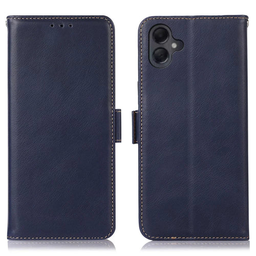 For Samsung Galaxy A08 5G / A08 4G / A07 4G / A06 4G / A06 5G Case RFID Blocking Genuine Cow Leather Wallet Phone Cover - Blue - 1