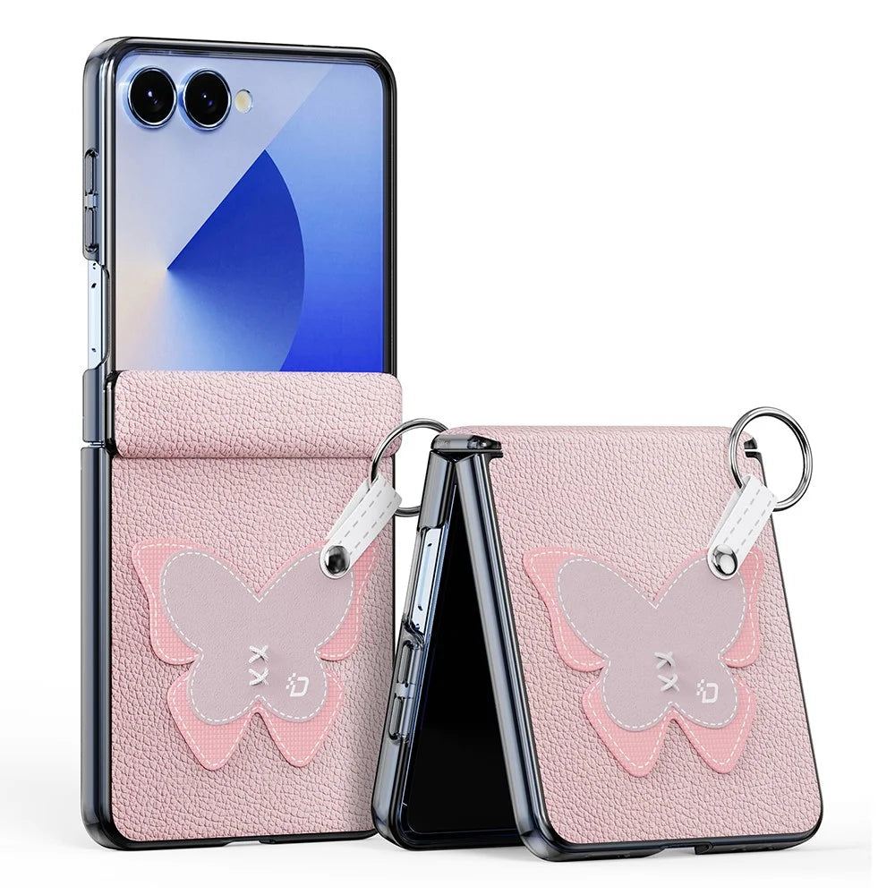 DUX DUCIS Luvy Series For Samsung Galaxy Z Flip7 5G Case PU Leather + PC Phone Case with Ring Holder / Strap - Pink Butterfly - 1