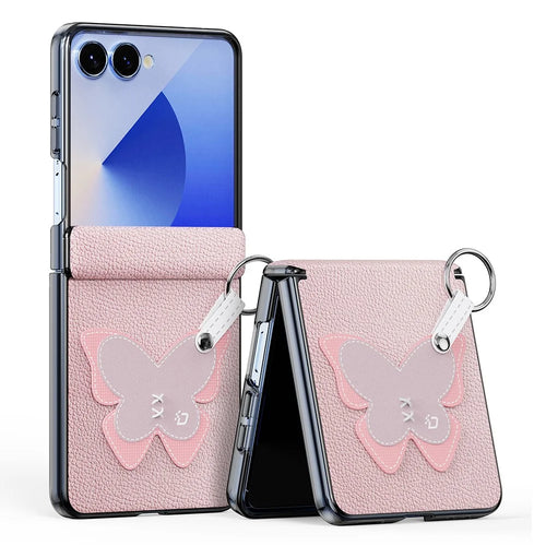 DUX DUCIS Luvy Series For Samsung Galaxy Z Flip7 5G Case PU Leather + PC Phone Case with Ring Holder / Strap - Pink Butterfly - 1