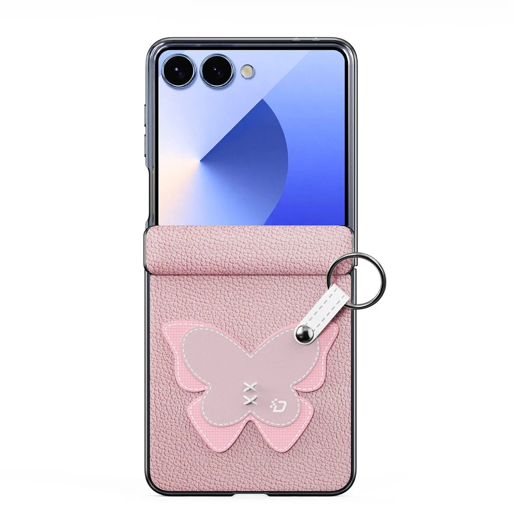 DUX DUCIS Luvy Series For Samsung Galaxy Z Flip7 5G Case PU Leather + PC Phone Case with Ring Holder / Strap - Pink Butterfly - 2