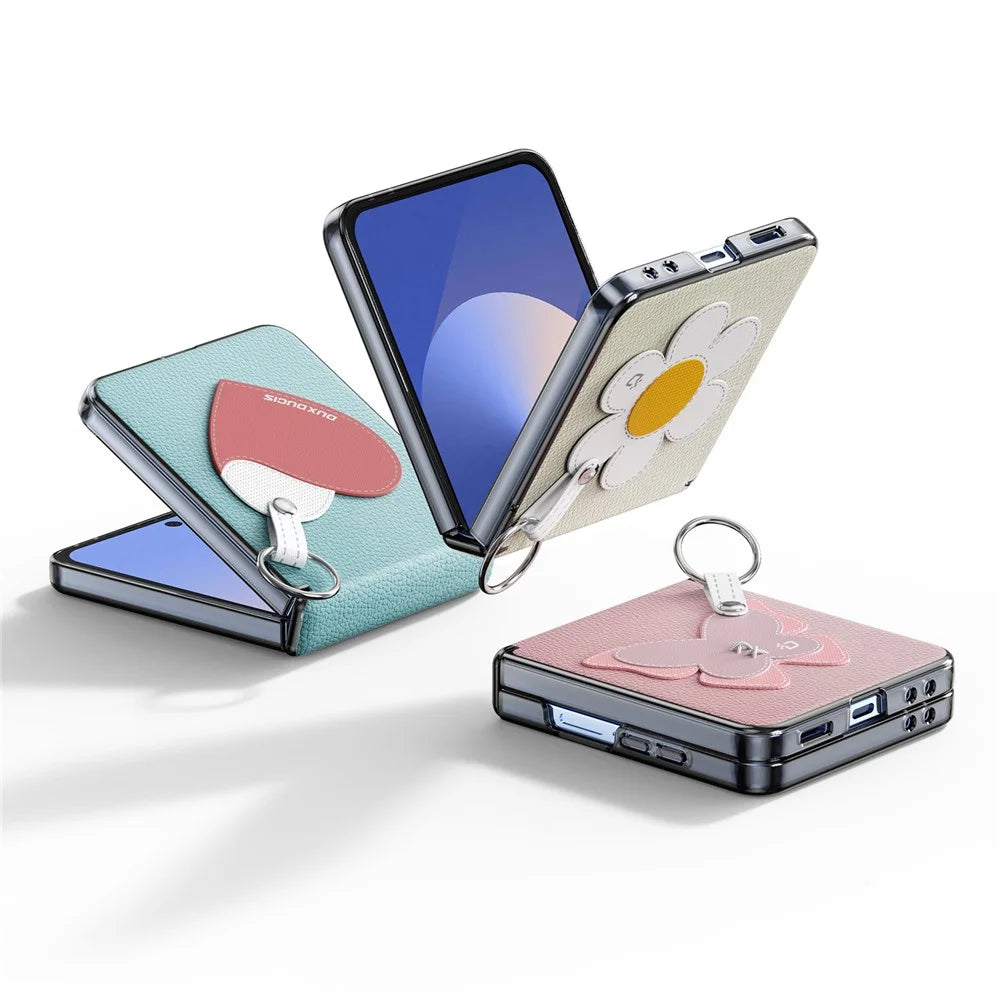 DUX DUCIS Luvy Series For Samsung Galaxy Z Flip7 5G Case PU Leather + PC Phone Case with Ring Holder / Strap - Pink Butterfly - 3