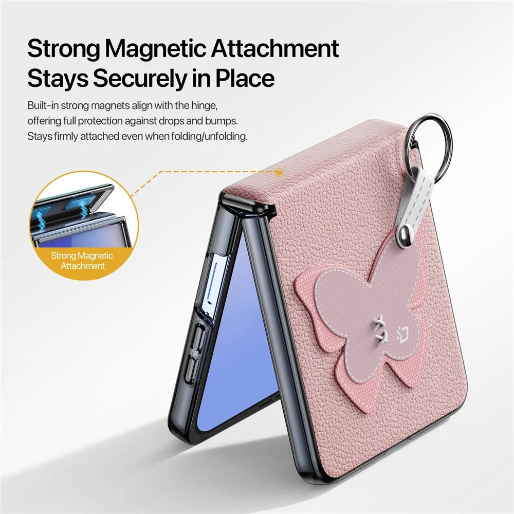 DUX DUCIS Luvy Series For Samsung Galaxy Z Flip7 5G Case PU Leather + PC Phone Case with Ring Holder / Strap - Pink Butterfly - 5